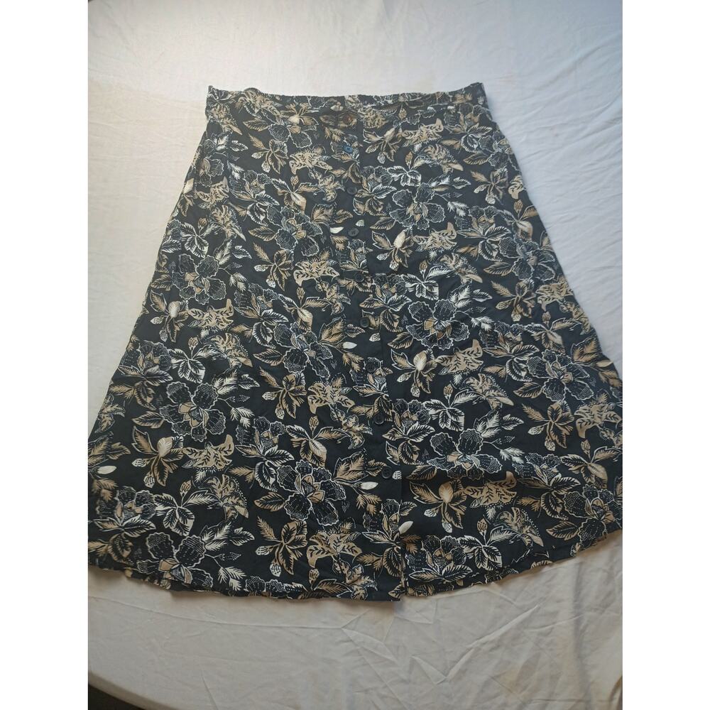 Old Navy Floral Button Down Skirt Midi Women Size XL Pull on Black Tan Brown